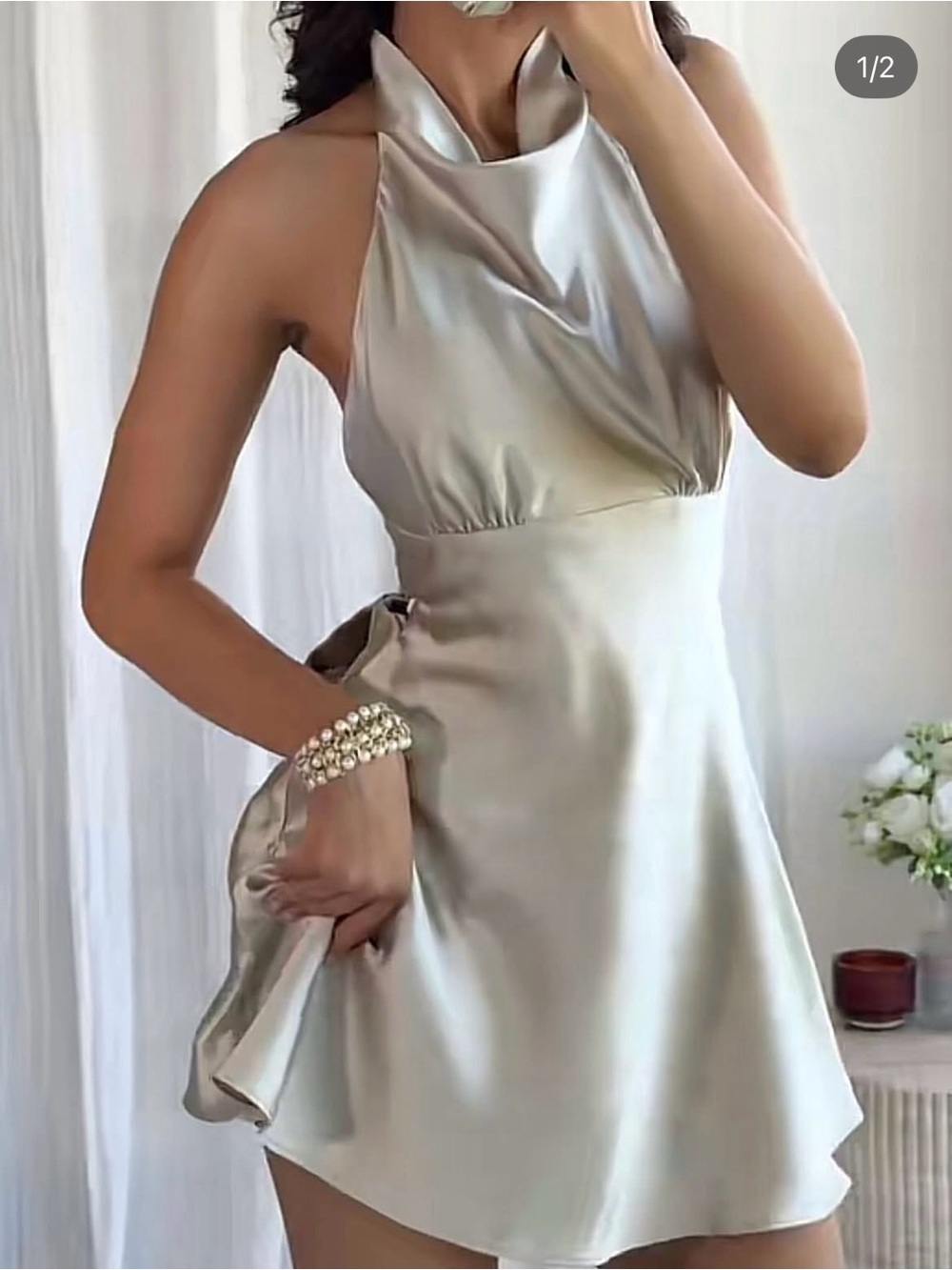 Zara Silver Satin Halter Mini Dress